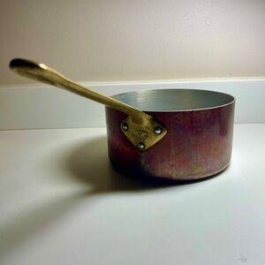 VTG Copper Cook Pot Sauce Pan w Brass Handles Rustic/Primitive France